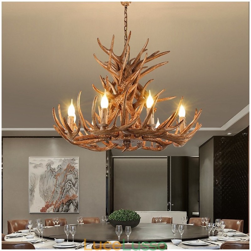 Lampadario antico retrò artistico rustico a 9 luci e 4 livelli con corna di cervo