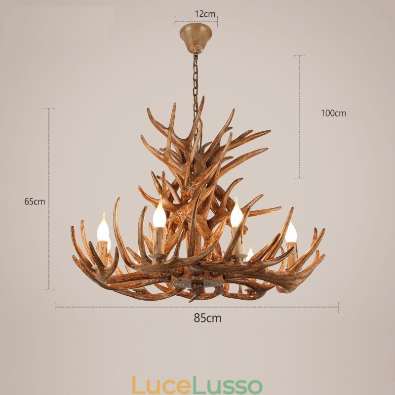 Lampadario antico retrò artistico rustico a 9 luci e 4 livelli con corna di cervo