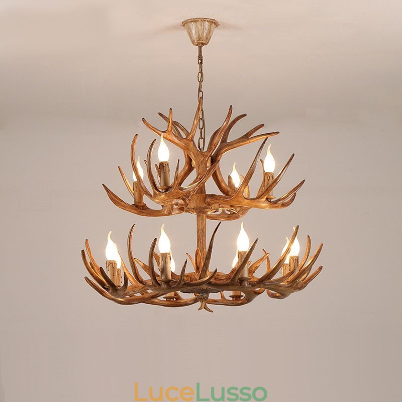 Lampadario antico retrò artistico rustico a 12 luci (8+4) a 2 livelli con corna di cervo