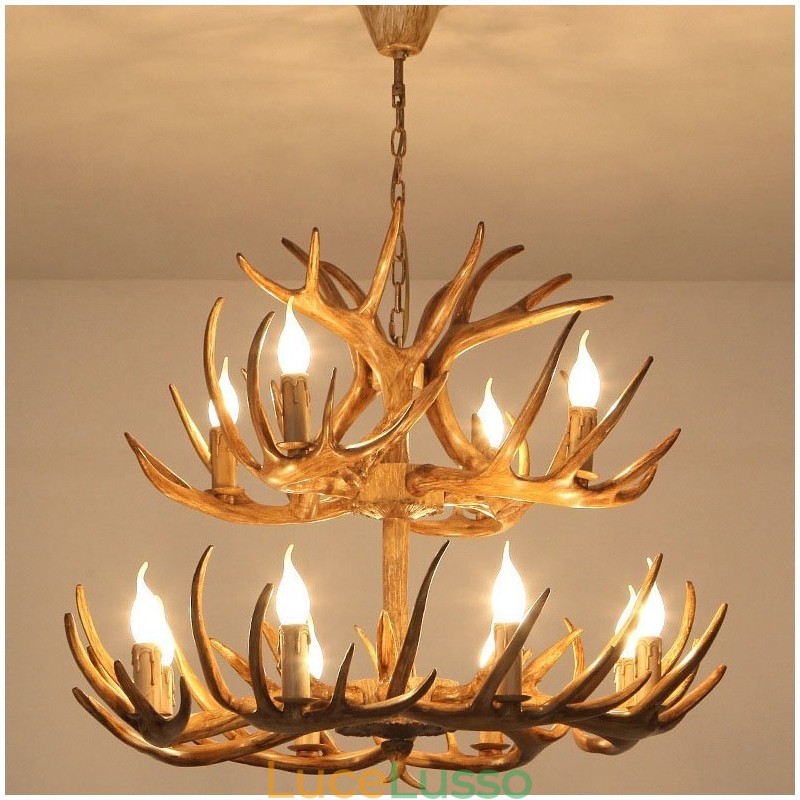 Lampadario antico retrò artistico rustico a 12 luci (8+4) a 2 livelli con corna di cervo