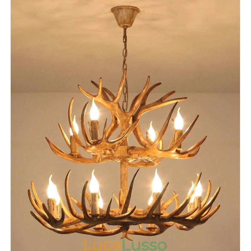 Lampadario antico retrò artistico rustico a 12 luci (8+4) a 2 livelli con corna di cervo