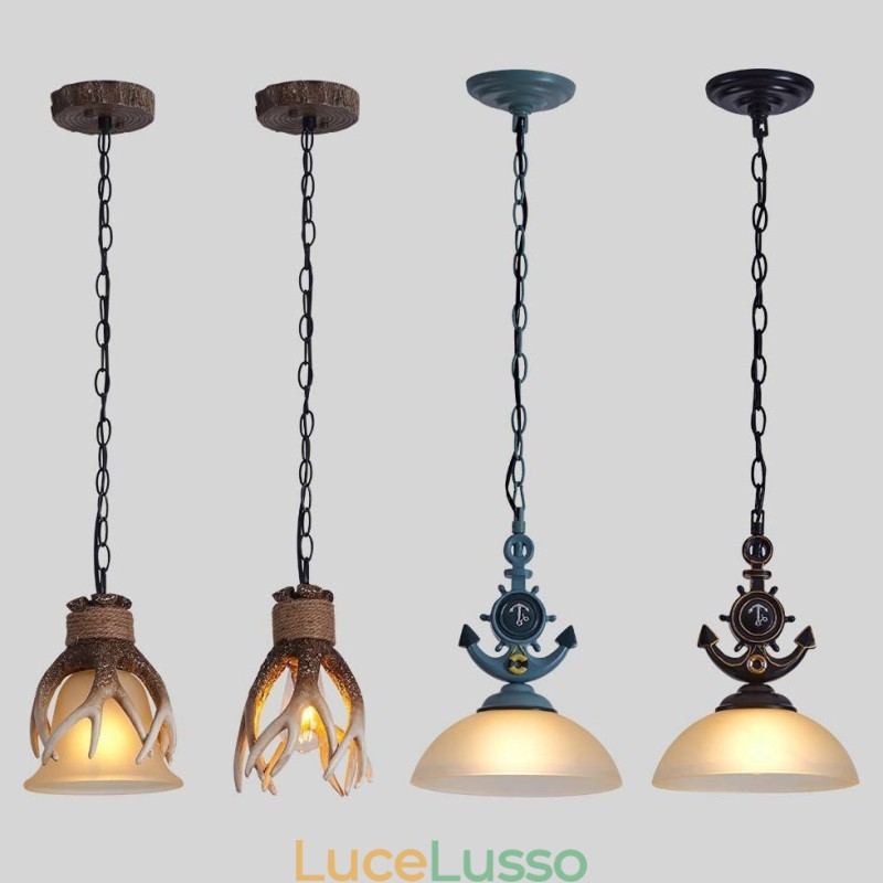 Lampada a sospensione antica retrò artistica rustica nera con paralume in vetro