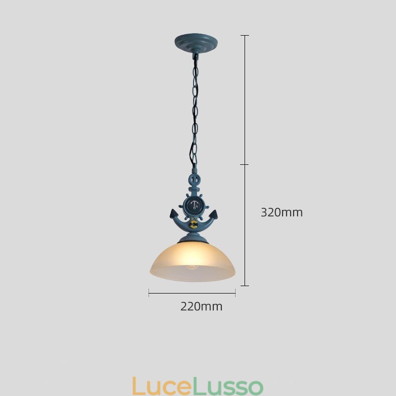 Una luce a sospensione antica retrò artistica rustica azzurra con paralume in vetro