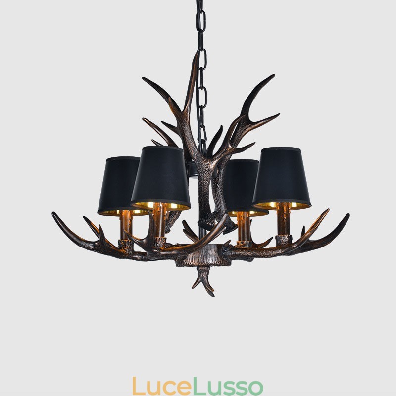 Lampadario antico retrò artistico rustico nero a 4 luci con paralumi