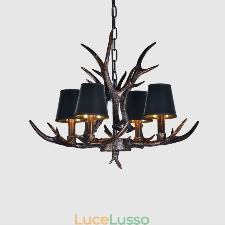 Lampadario antico retrò artistico rustico nero a 4 luci con paralumi Lampadario antico retrò artistico rustico nero a 4 luci con paralumi