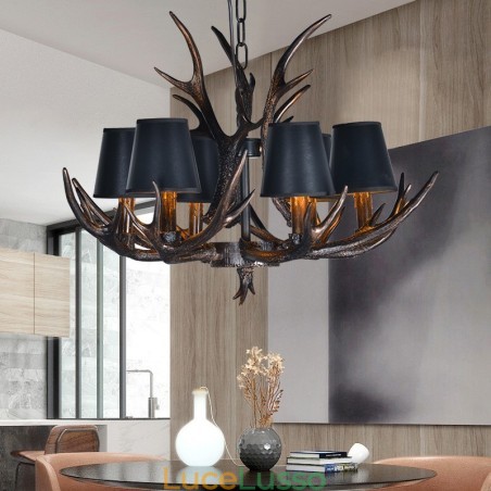 Lampadario antico retrò artistico rustico nero a 6 luci con paralumi Lampadario antico retrò artistico rustico nero a 6 luci con paralumi