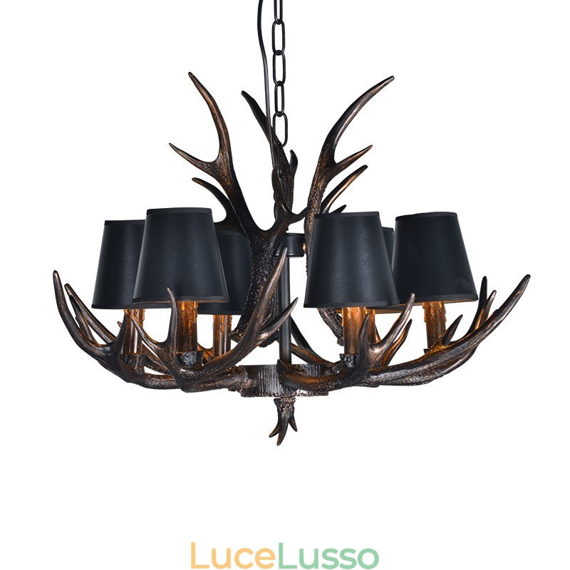 Lampadario antico retrò artistico rustico nero a 6 luci con paralumi
