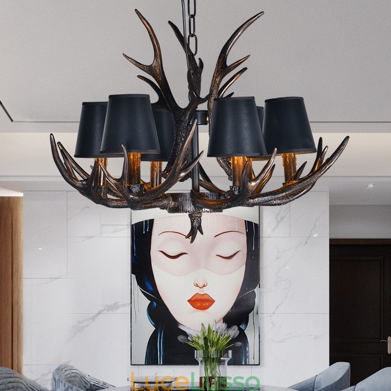 Lampadario antico retrò artistico rustico nero a 6 luci con paralumi