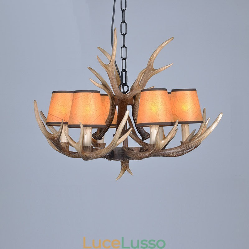 Lampadario antico retrò in corna di cervo artistico rustico a 6 luci con paralumi