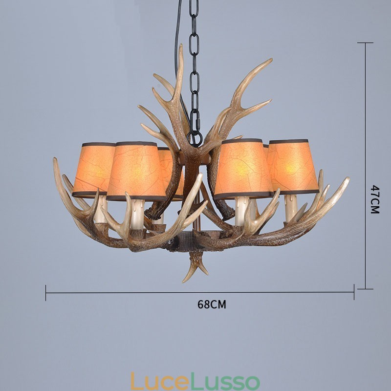 Lampadario antico retrò in corna di cervo artistico rustico a 6 luci con paralumi
