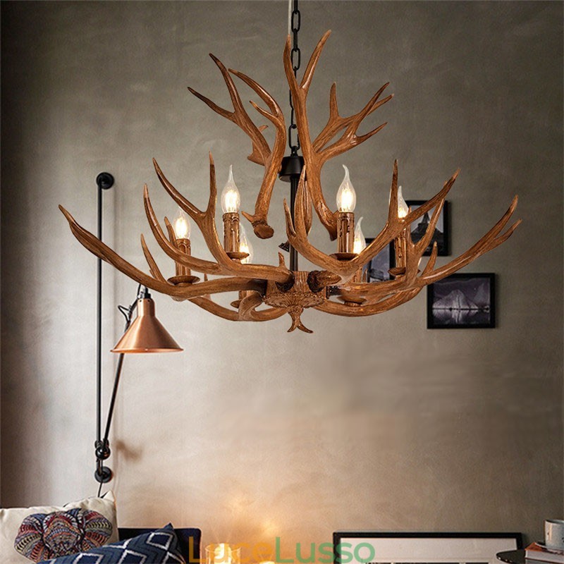 Lampadario antico retrò artistico rustico a 6 luci con corna di cervo