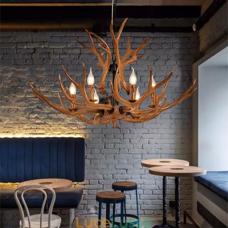 Lampadario antico retrò artistico rustico a 6 luci con corna di cervo
