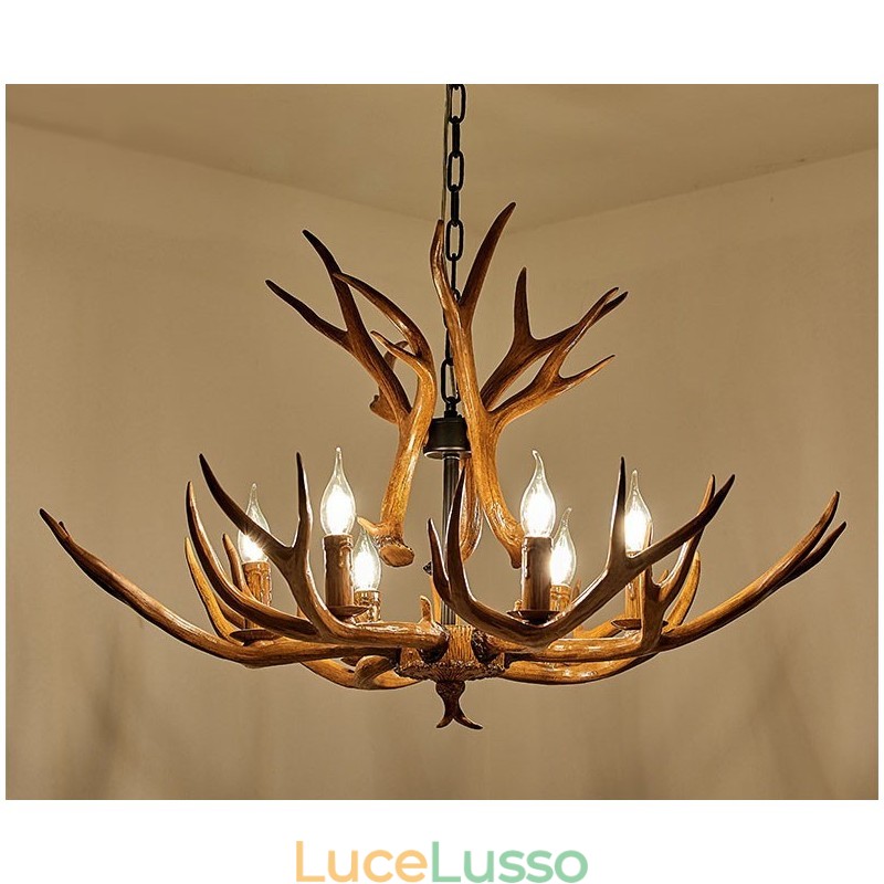 Lampadario antico retrò artistico rustico a 6 luci con corna di cervo