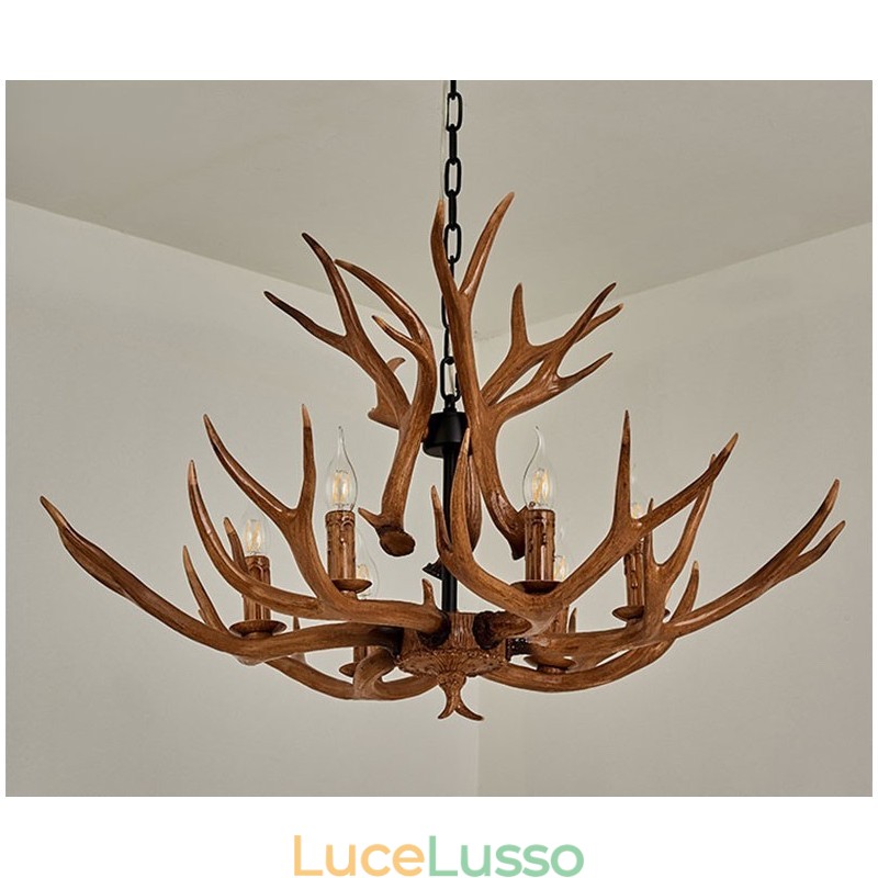 Lampadario antico retrò artistico rustico a 6 luci con corna di cervo