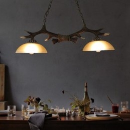 Lampada a sospensione antica in stile retrò, rustico, artistico, nero, a 2 luci, con paralume in vetro