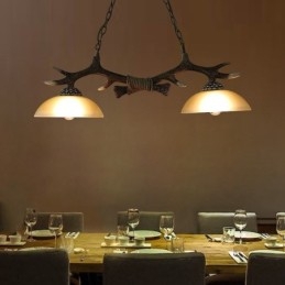 Lampada a sospensione antica in stile retrò, rustico, artistico, nero, a 2 luci, con paralume in vetro