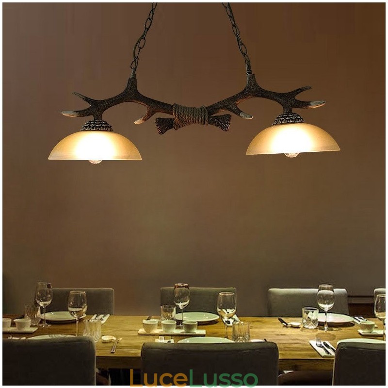 Lampada a sospensione antica in stile retrò, rustico, artistico, nero, a 2 luci, con paralume in vetro