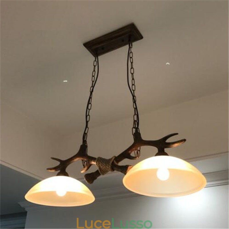 Lampada a sospensione antica in stile retrò, rustico, artistico, nero, a 2 luci, con paralume in vetro