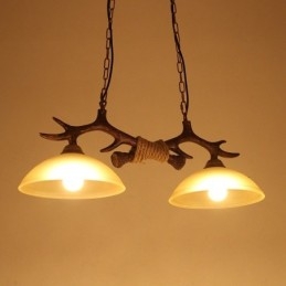 Lampada a sospensione antica in stile retrò, rustico, artistico, nero, a 2 luci, con paralume in vetro