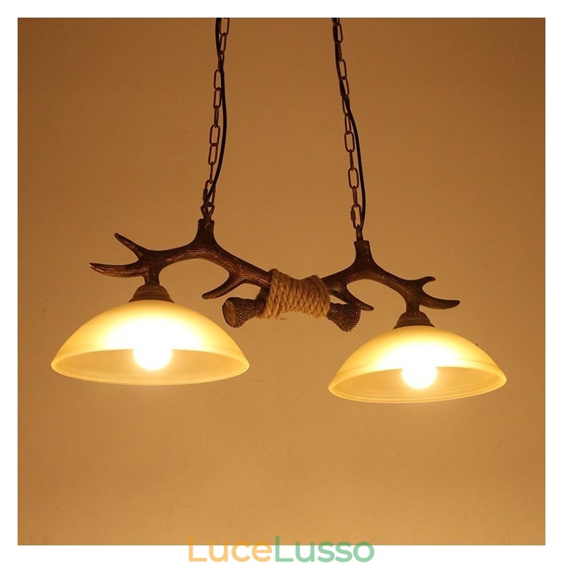 Lampada a sospensione antica in stile retrò, rustico, artistico, nero, a 2 luci, con paralume in vetro