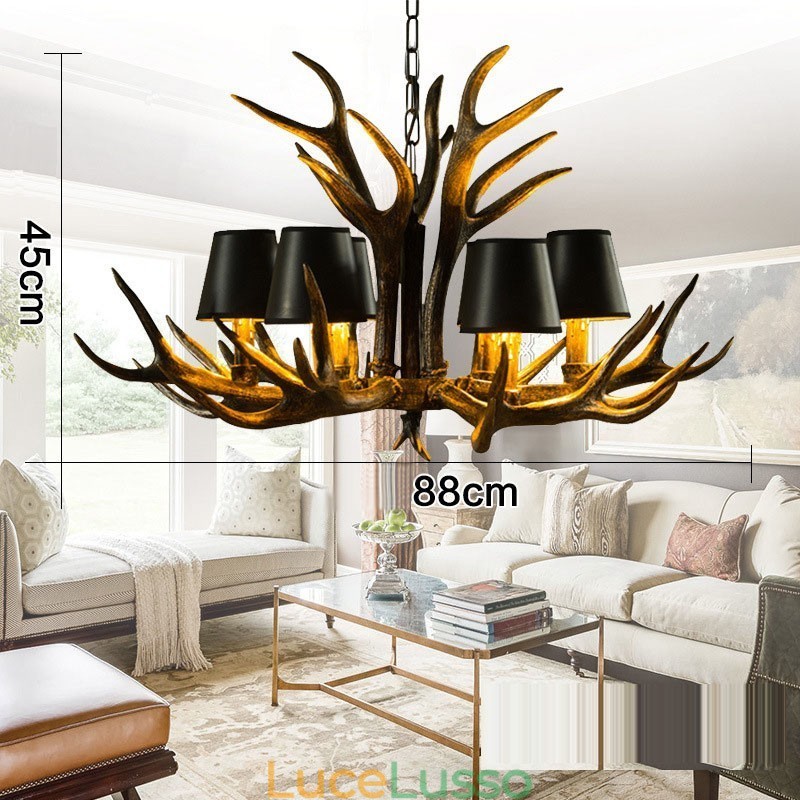 Lampadario antico retrò artistico rustico nero a 6 luci con paralumi