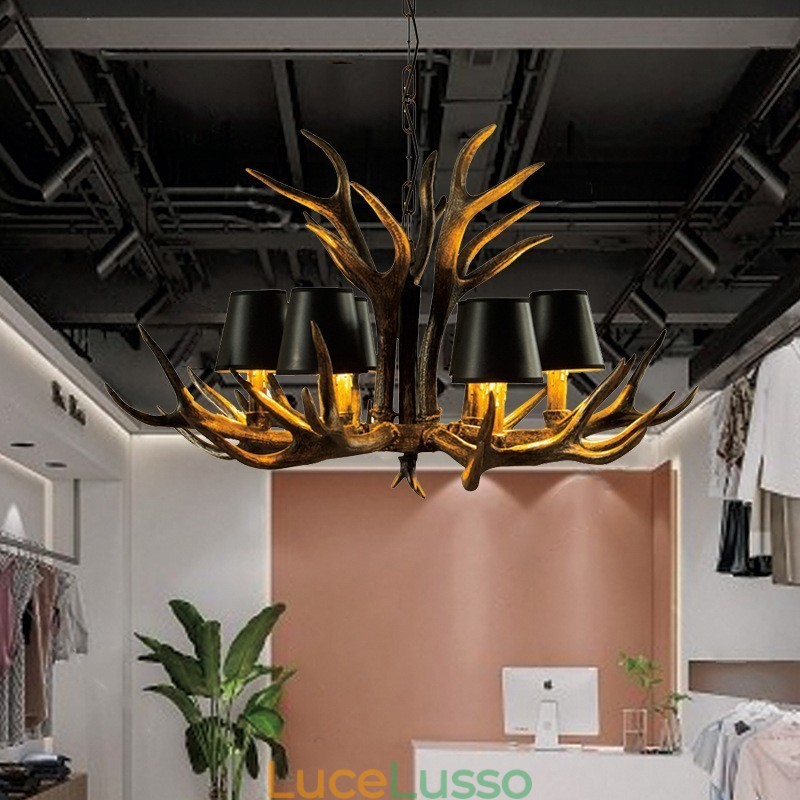 Lampadario antico retrò artistico rustico nero a 6 luci con paralumi