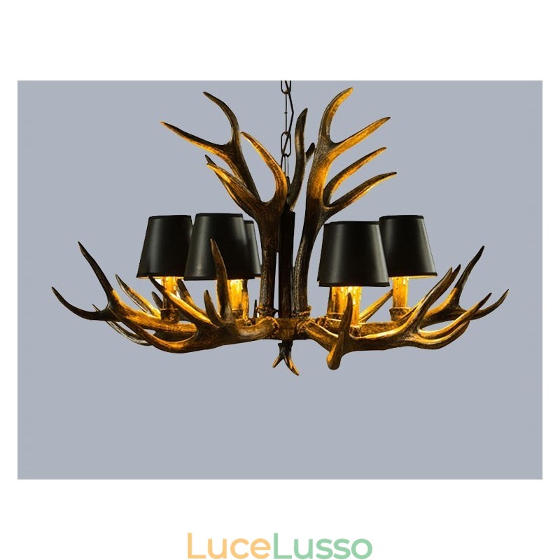 Lampadario antico retrò artistico rustico nero a 6 luci con paralumi