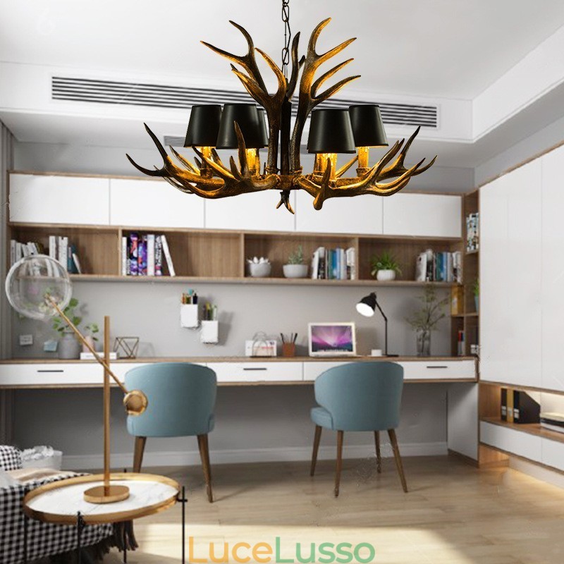Lampadario antico retrò artistico rustico nero a 6 luci con paralumi