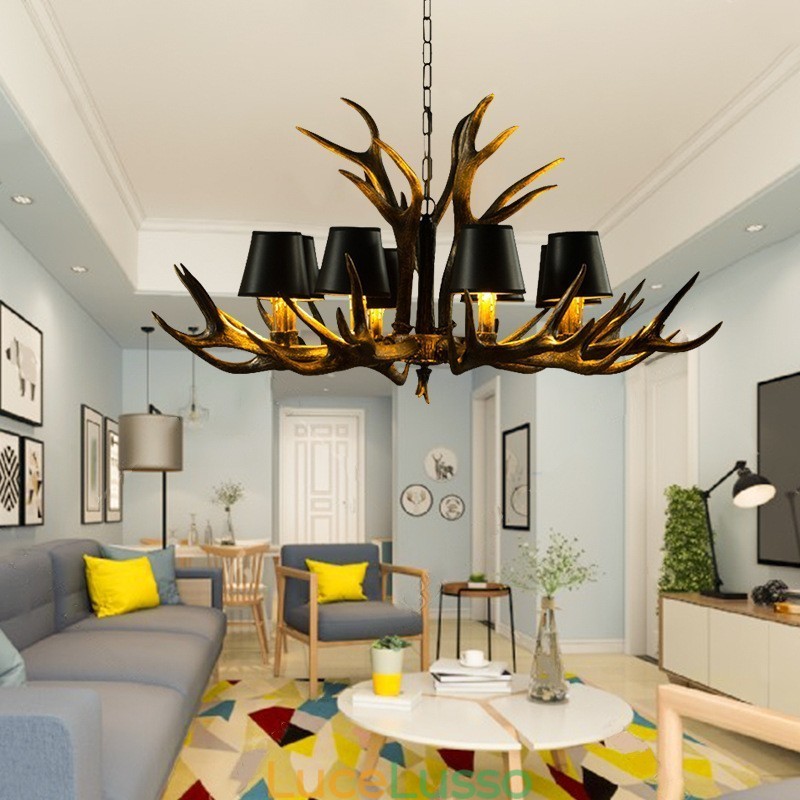 Lampadario antico retrò artistico rustico nero a 8 luci con paralumi