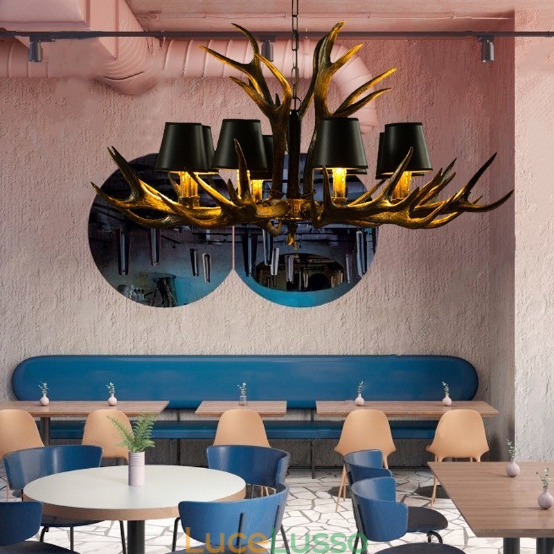 Lampadario antico retrò artistico rustico nero a 8 luci con paralumi