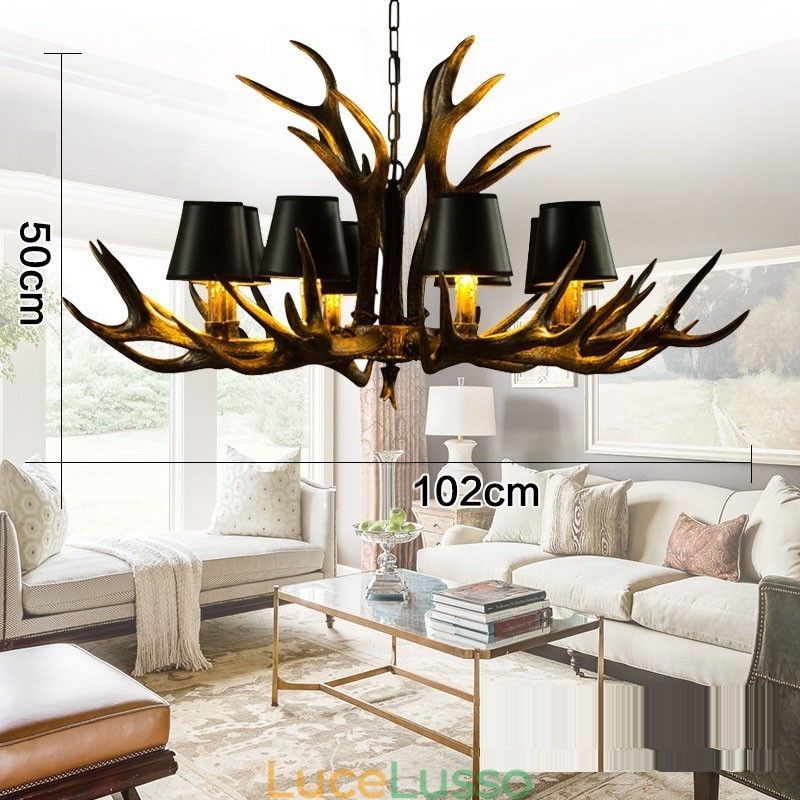 Lampadario antico retrò artistico rustico nero a 8 luci con paralumi