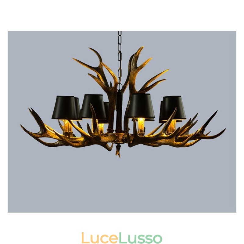 Lampadario antico retrò artistico rustico nero a 8 luci con paralumi