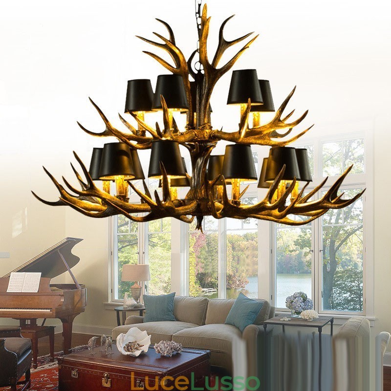 Lampadario antico retrò artistico rustico nero da 15 luci con paralumi