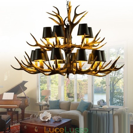 Lampadario antico retrò artistico rustico nero da 15 luci con paralumi Lampadario antico retrò artistico rustico nero da 15 luci con paralumi