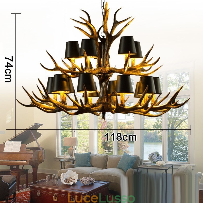 Lampadario antico retrò artistico rustico nero da 15 luci con paralumi