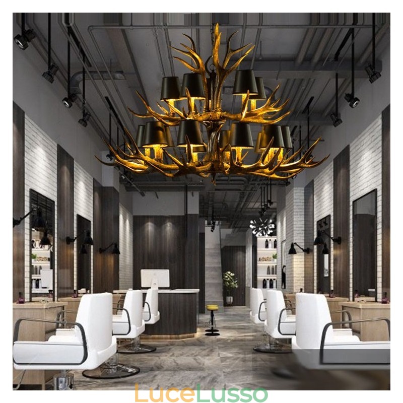 Lampadario antico retrò artistico rustico nero da 15 luci con paralumi