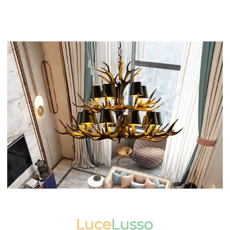 Lampadario antico retrò artistico rustico nero da 15 luci con paralumi