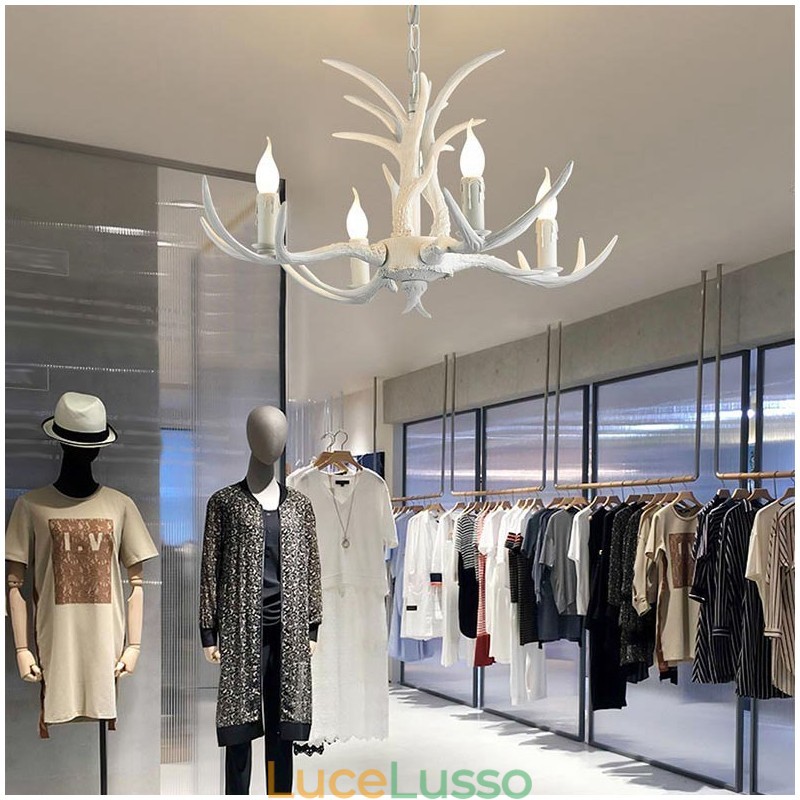 Lampadario antico retrò artistico rustico bianco a 4 luci con corna di cervo