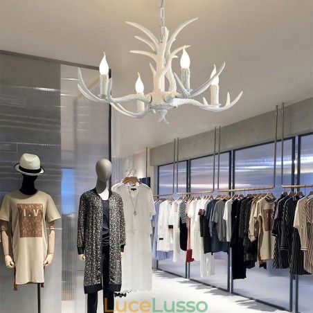 Lampadario antico retrò artistico rustico bianco a 4 luci con corna di cervo Lampadario antico retrò artistico rustico bianco a 4 luci con corna di cervo
