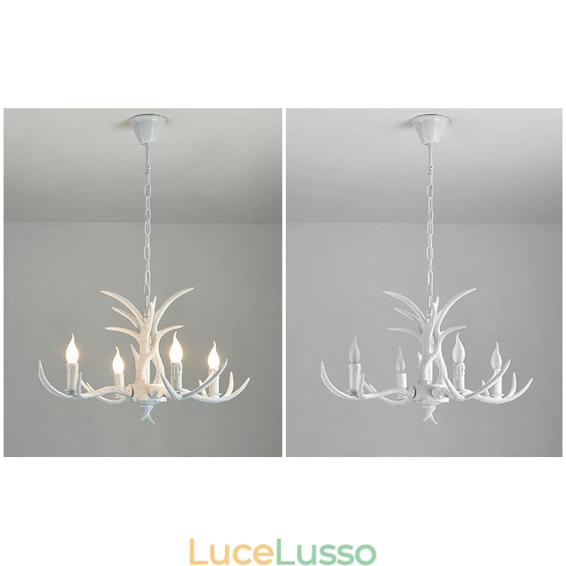 Lampadario antico retrò artistico rustico bianco a 4 luci con corna di cervo