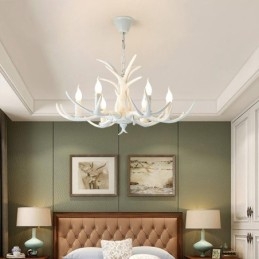 Lampadario antico retrò artistico rustico bianco a 6 luci con corna di cervo
