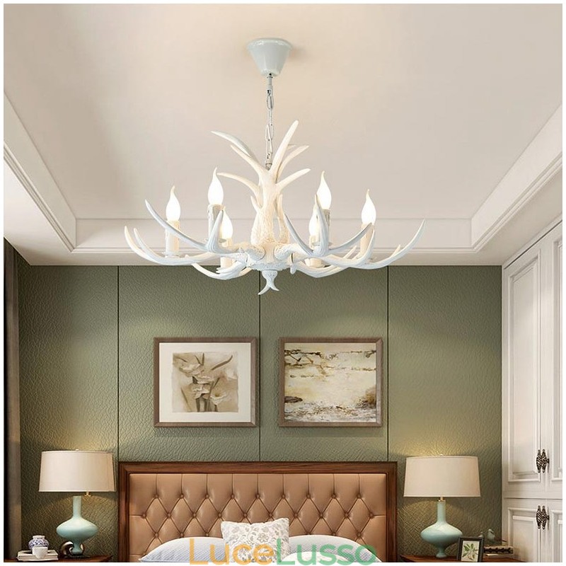 Lampadario antico retrò artistico rustico bianco a 6 luci con corna di cervo