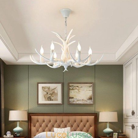 Lampadario antico retrò artistico rustico bianco a 6 luci con corna di cervo Lampadario antico retrò artistico rustico bianco a 6 luci con corna di cervo
