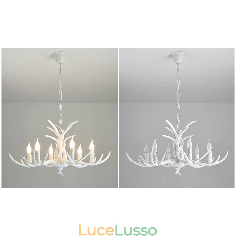 Lampadario antico retrò artistico rustico bianco a 6 luci con corna di cervo