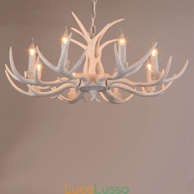 Lampadario antico retrò artistico rustico bianco a 8 luci con corna di cervo