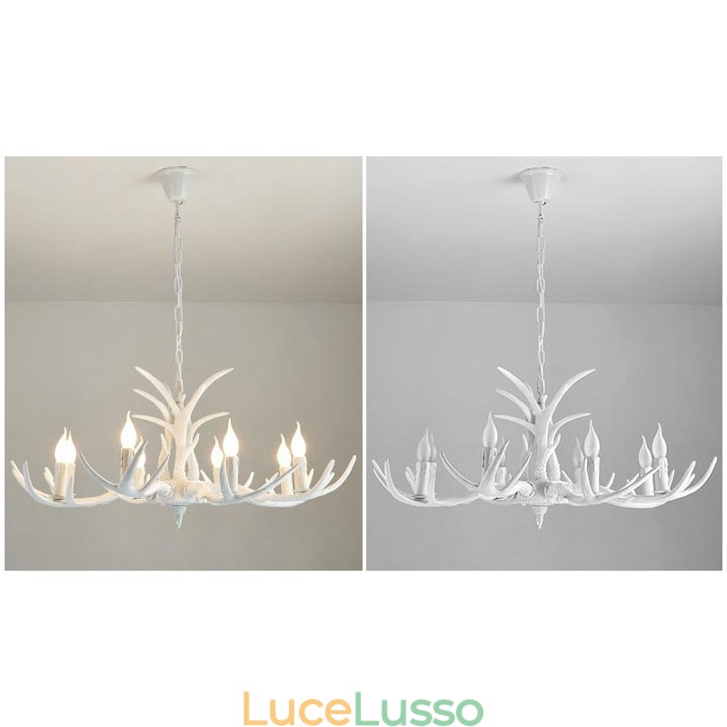 Lampadario antico retrò artistico rustico bianco a 8 luci con corna di cervo