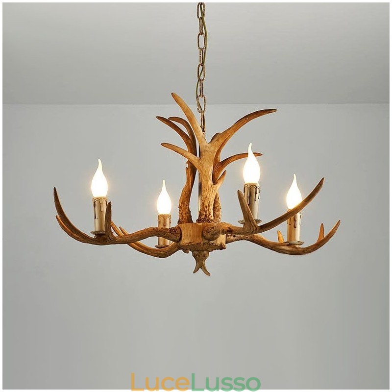 Lampadario antico retrò artistico rustico a 4 luci con corna di cervo
