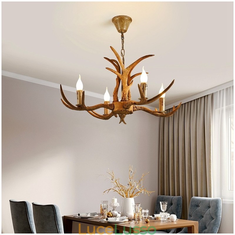 Lampadario antico retrò artistico rustico a 4 luci con corna di cervo