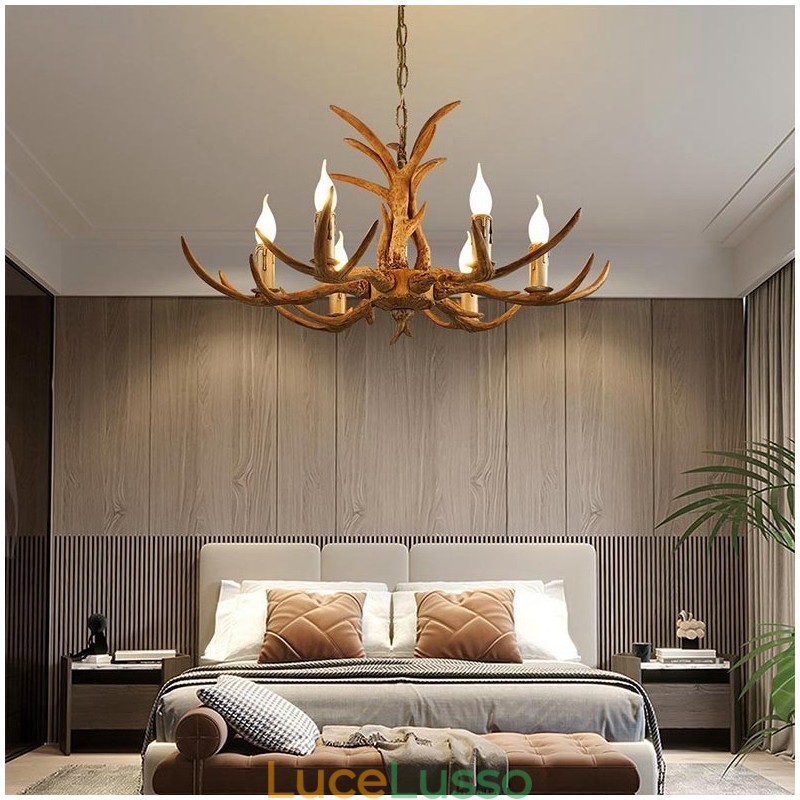 Lampadario antico retrò artistico rustico a 6 luci con corna di cervo