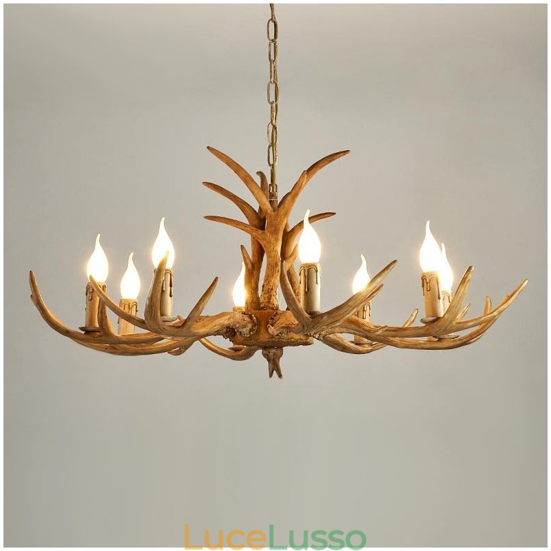 Lampadario antico retrò artistico rustico a 8 luci con corna di cervo